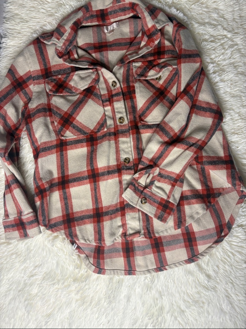 Women's Plaid Button-Down Shirt Jacket in Cream and Red